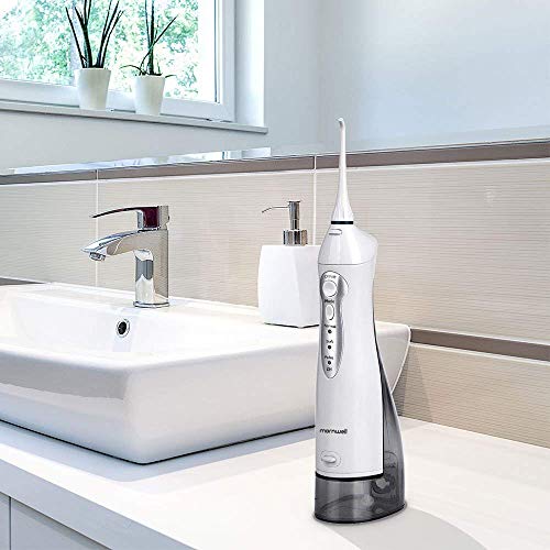 Water Flosser Cordless, Mornwell Water Flossers for Teeth - 330ML Tank and 4 Jet Tips, 3 Modes Portable Dental Oral Irrigator, Braces Care, Rechargeable Waterproof Portable Water Flosser, White