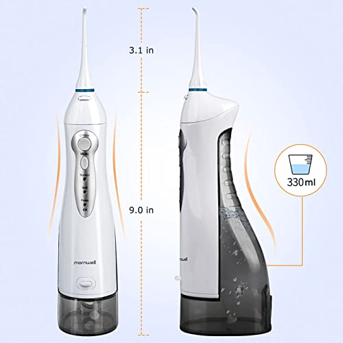 Water Flosser Cordless, Mornwell Water Flossers for Teeth - 330ML Tank and 4 Jet Tips, 3 Modes Portable Dental Oral Irrigator, Braces Care, Rechargeable Waterproof Portable Water Flosser, White