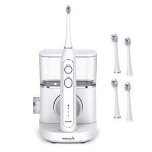 waterpik white sonic-fusion toothbrush and heads (set of 4). brush and floss at the same time. soft bristles gently brush while the water flosser removes plaque and debris from teeth and gumline.