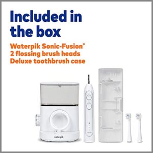 Waterpik White Sonic-Fusion Toothbrush and Heads (Set of 4). Brush and Floss at The Same Time. Soft Bristles Gently Brush While The Water Flosser Removes Plaque and Debris from Teeth and Gumline.