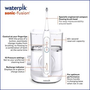 Waterpik White Sonic-Fusion Toothbrush and Heads (Set of 4). Brush and Floss at The Same Time. Soft Bristles Gently Brush While The Water Flosser Removes Plaque and Debris from Teeth and Gumline.