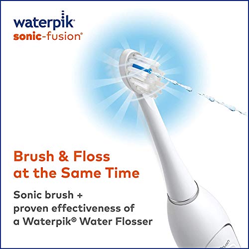 Waterpik White Sonic-Fusion Toothbrush and Heads (Set of 4). Brush and Floss at The Same Time. Soft Bristles Gently Brush While The Water Flosser Removes Plaque and Debris from Teeth and Gumline.