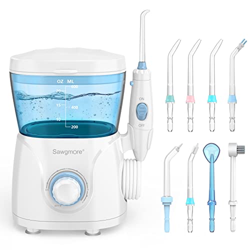 Sawgmore Water Flosser Oral Irrigator, 600ml Large Capacity, 10 Adjustable Pressures, Electric Flosser for Teeth/Braces, 8 Home Nozzles Professional Flosser Oral Irrigator(White)