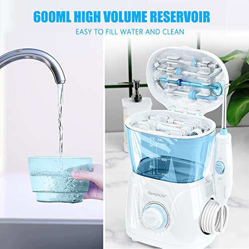 Sawgmore Water Flosser Oral Irrigator, 600ml Large Capacity, 10 Adjustable Pressures, Electric Flosser for Teeth/Braces, 8 Home Nozzles Professional Flosser Oral Irrigator(White)