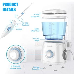 Sawgmore Water Flosser Oral Irrigator, 600ml Large Capacity, 10 Adjustable Pressures, Electric Flosser for Teeth/Braces, 8 Home Nozzles Professional Flosser Oral Irrigator(White)