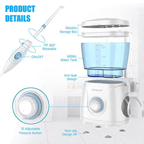 Sawgmore Water Flosser Oral Irrigator, 600ml Large Capacity, 10 Adjustable Pressures, Electric Flosser for Teeth/Braces, 8 Home Nozzles Professional Flosser Oral Irrigator(White)