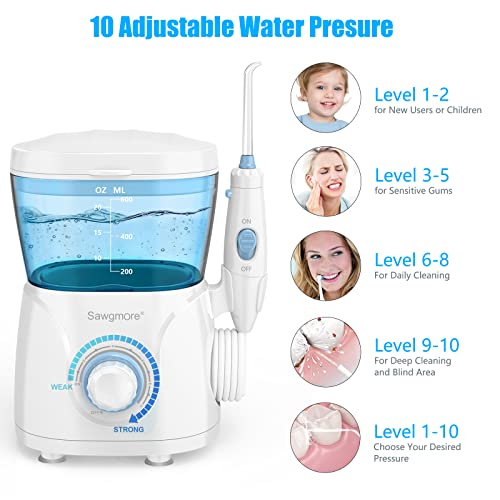 Sawgmore Water Flosser Oral Irrigator, 600ml Large Capacity, 10 Adjustable Pressures, Electric Flosser for Teeth/Braces, 8 Home Nozzles Professional Flosser Oral Irrigator(White)