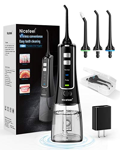 Nicefeel Cordless and Rechargeable Water Flosser - 300ML Water Tank Oral Irrigator, 4 Jet Tips, 3 Pressure Modes - IPX7 Waterproof and Travel Friendly for Dental Care