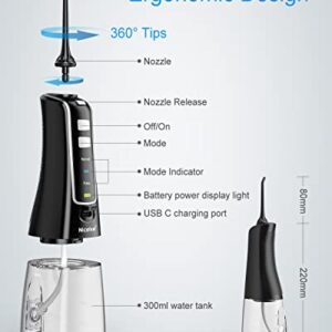 Nicefeel Cordless and Rechargeable Water Flosser - 300ML Water Tank Oral Irrigator, 4 Jet Tips, 3 Pressure Modes - IPX7 Waterproof and Travel Friendly for Dental Care