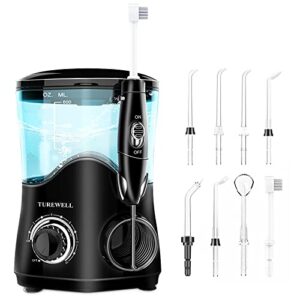 turewell fc162 water flosser, dental oral irrigator10 adjustable pressure settings, electric water pick, 8 replaceable jet tips for whole families 600ml