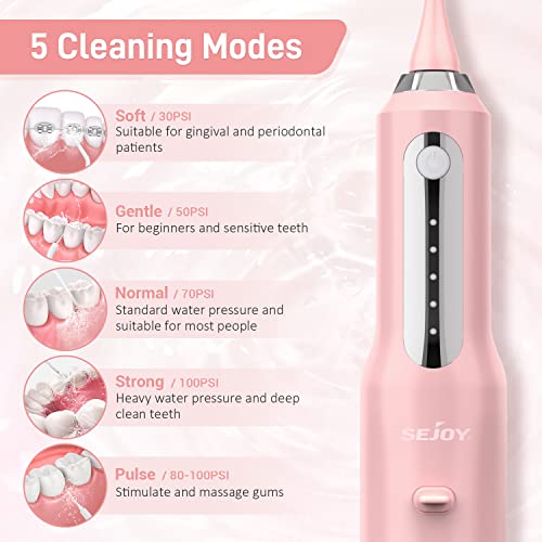 Sejoy Cordless Water Flosser, Water Dental Flosser Water Flossers for Teeth Portable Oral Irrigator Rechargeable for Home Travel Office, 270ML IPX7 Waterproof 5 Cleaning Modes and 5 Jet Tips