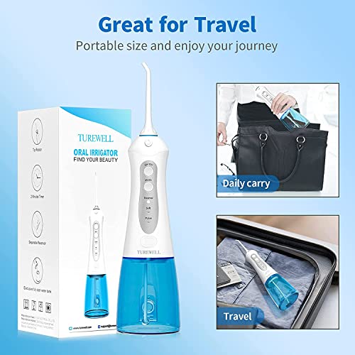 TUREWELL FC1592 Water Dental Flosser Cordless with Powerful Battery, Oral Irrigator for Teeth Cleaner, 3 Modes and 4 Jet Tips, IPX7 Waterproof,300ML Detachable Water Tank for Home and Travel (White)