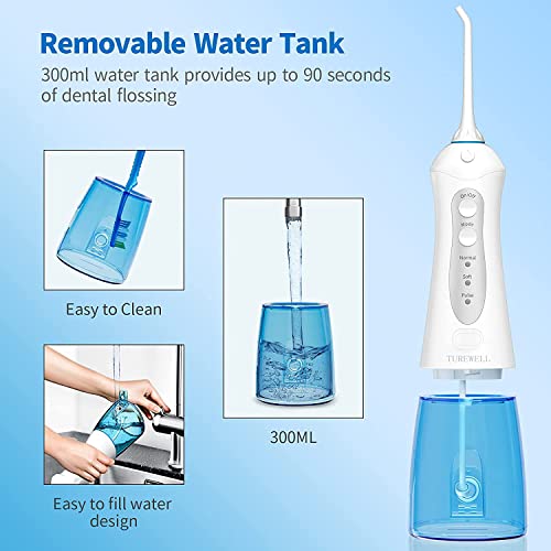 TUREWELL FC1592 Water Dental Flosser Cordless with Powerful Battery, Oral Irrigator for Teeth Cleaner, 3 Modes and 4 Jet Tips, IPX7 Waterproof,300ML Detachable Water Tank for Home and Travel (White)