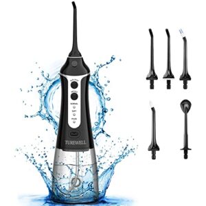 turewell water flossing cordless oral irrigator – 300ml portable ipx7 waterproof water teeth cleaner, 3 modes water cordless oral irrigator for teeth/braces, 5 water jet tips for travel & family use