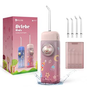 water flosser for kids, drlebe portable water flosser cordless for teeth cleaning & gums braces care, rechargeable dental oral irrigator with 4 tips & 2 mode, ipx7 water proof for travel & home (pink)