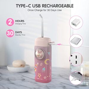 Water Flosser for Kids, DRLEBE Portable Water Flosser Cordless for Teeth Cleaning & Gums Braces Care, Rechargeable Dental Oral Irrigator with 4 Tips & 2 Mode, IPX7 Water Proof for Travel & Home (PINK)