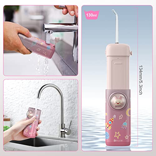 Water Flosser for Kids, DRLEBE Portable Water Flosser Cordless for Teeth Cleaning & Gums Braces Care, Rechargeable Dental Oral Irrigator with 4 Tips & 2 Mode, IPX7 Water Proof for Travel & Home (PINK)