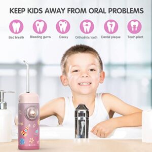 Water Flosser for Kids, DRLEBE Portable Water Flosser Cordless for Teeth Cleaning & Gums Braces Care, Rechargeable Dental Oral Irrigator with 4 Tips & 2 Mode, IPX7 Water Proof for Travel & Home (PINK)