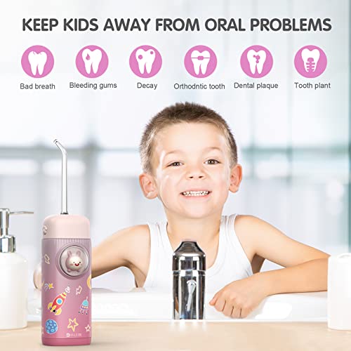 Water Flosser for Kids, DRLEBE Portable Water Flosser Cordless for Teeth Cleaning & Gums Braces Care, Rechargeable Dental Oral Irrigator with 4 Tips & 2 Mode, IPX7 Water Proof for Travel & Home (PINK)