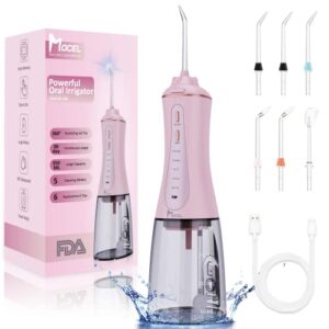 mocel water dental flosser oral irrigator with 5 modes, 350ml cordless water teeth cleaner pick 6 tips, ipx7 waterproof portable powerful battery for travel & home braces & bridges care (pink)
