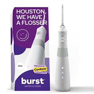 burst water flosser for teeth cleaning – cordless water flosser picks for plaque removal between teeth, braces & dental work – electric & portable water floss – refillable 110ml tank, 3 modes – white