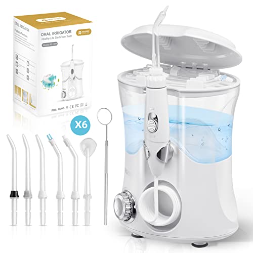 ROSPEC Dental Water Flosser with 7 Multifunctional Tips &a Oral cavity mirror,600ML Detachable Water Tank,10 Adjustable Pressure,For Adults & Kids – Waterproof,Electric Dental Pick Flosser (white)