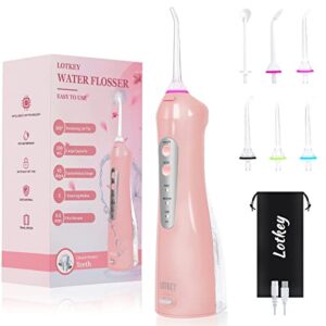 water flosser for teeth, 200ml cordless water flosser with 360°rotable nozzle, 3 flossing modes ipx7 waterproof 6 jet tips water picks,rechargeable portable water flosser for home & travel (pink)