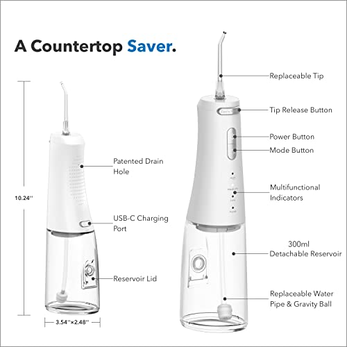 Zao's Selection Cordless Water Flosser, 300ml Water Picks for Teeth Cleaning, 20-115 PSI Portable Teeth Cleaner with 4 Modes 7 Tips, IPX7 Power Dental Oral Irrigator for Braces, Ivory