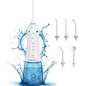 turewell water flosser dental oral irrigator – 300ml portable and rechargeable ipx7 waterproof 3 modes water cordless oral irrigator flosser teeth cleaner for travel & family(white)
