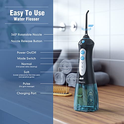 Getogluke Portable Cordless Water Flosser for Teeth Cleaning, Rechargeable Electric Power Dental Oral Irrigator IPX7 Waterproof, Professional Oral Care at Home & Travel (Black)