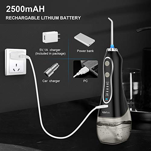 H2ofloss Water Flosser Portable Dental Oral Irrigator with 5 Modes, 6 Replaceable Jet Tips, Rechargeable Waterproof Teeth Cleaner for Home and Travel -300ml Detachable Reservoir