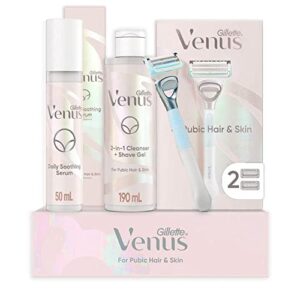 gillette venus for pubic hair and skin womens shaving kit, 1 venus handle, 2 razor blade refills, 2 in 1 cleanser and shave gel for women 190ml, daily soothing serum for intimate grooming 50ml