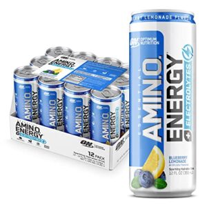 optimum nutrition amino energy drink + electrolytes for hydration – sugar free, amino acids, bcaa, keto friendly, sparkling drink – blueberry lemonade, pack of 12 (packaging may vary)