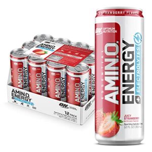 optimum nutrition amino energy drink + electrolytes for hydration – sugar free, amino acids, bcaa, keto friendly, sparkling drink – juicy strawberry, pack of 12 (packaging may vary)