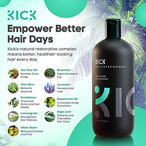 Kick Mens Shampoo - Tea Tree Oil and Peppermint Shampoo - Itchy Scalp Treatment Mens Shampoo for Thinning Hair - No Sulfates -Powerful Anti Dandruff Shampoo for Men & Women, 509 ml -17.2 ounces