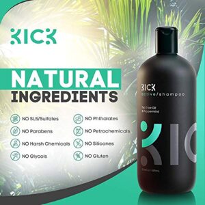 Kick Mens Shampoo - Tea Tree Oil and Peppermint Shampoo - Itchy Scalp Treatment Mens Shampoo for Thinning Hair - No Sulfates -Powerful Anti Dandruff Shampoo for Men & Women, 509 ml -17.2 ounces