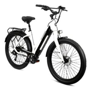 schwinn coston dx adult electric hybrid bike, large/x-large step-thru frame, 7-speed, 27.5 inch tires, 20-inch aluminum frame, gloss white