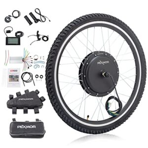 pexmor electric bike conversion kit, 48v 1000w 26″ front/rear wheel w/tire ebike conversion kit, electric bicycle hub motor kit with lcd display/controller/pas/brake lever/torque arm (front)