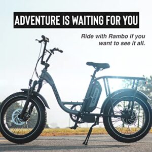 Rambo Bikes Rooster 750W Electric Bike - All-Purpose Single-Speed EBike - 20mph Top Speed, 35-Mile Range - 20” Fat Tires - 5 Power Levels, Removable 14AH Battery, Step Through Frame, LCD Tracker