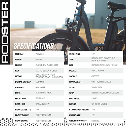 Rambo Bikes Rooster 750W Electric Bike - All-Purpose Single-Speed EBike - 20mph Top Speed, 35-Mile Range - 20” Fat Tires - 5 Power Levels, Removable 14AH Battery, Step Through Frame, LCD Tracker