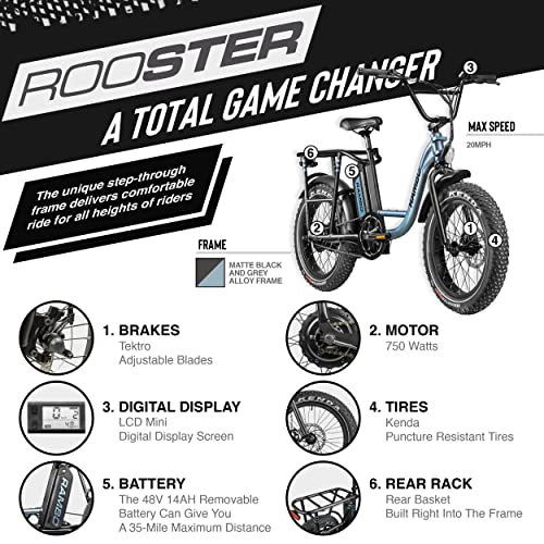 Rambo Bikes Rooster 750W Electric Bike - All-Purpose Single-Speed EBike - 20mph Top Speed, 35-Mile Range - 20” Fat Tires - 5 Power Levels, Removable 14AH Battery, Step Through Frame, LCD Tracker