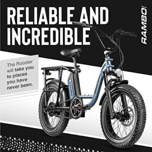 Rambo Bikes Rooster 750W Electric Bike - All-Purpose Single-Speed EBike - 20mph Top Speed, 35-Mile Range - 20” Fat Tires - 5 Power Levels, Removable 14AH Battery, Step Through Frame, LCD Tracker
