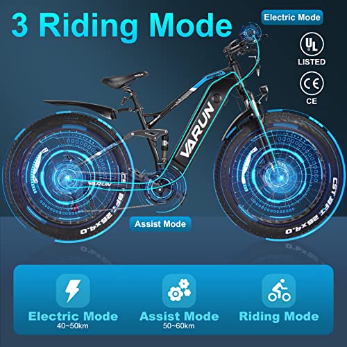 VARUN Electric Bike for Adults, 26" Fat Tire Electric Bicycle 750W Ebike 48V/16.8Ah Removable Battery 32KMH, Electric Mountain Bike Snow E-Bike with Shimano 7-Speed Dual Shock Absorber