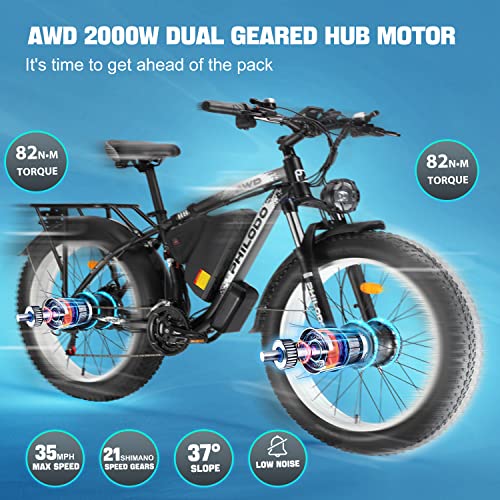 PHILODO Electric Bike for Adults, 48V 22Ah Fat Tire Ebike Dual Motor AWD 2000W 35MPH Electric Bicycles Shimano 21-Speed with Ignition Lock Hydraulic Disc Brakes…