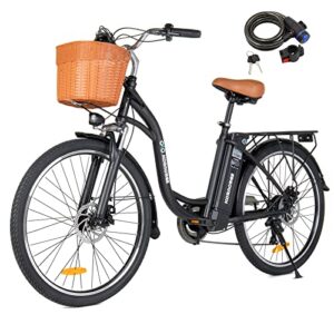 kornorge electric bike for adults – 26″ city commuter ebike, 350w motor with removable battery, shimano 6-speed and dual shock absorber, electric cruiser bike with basket for female male. black