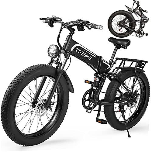 TT-EBIKE Folding Electric Bike Adults 750W Motor with 48V/15AH Removable Battery 26 inch 4.0 Fat Tire 31MPH Full Suspension System Snow Mountain Beach Ebike with Shimano 7-Speed Gear