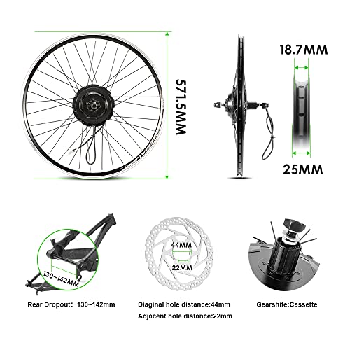 Yose Power Waterproof 26Inch 500W Ebike Conversion Kit with 48V 13Ah Battery for Cassette 26" Electric Bike Rear Wheel, Electric Bicycle Hub Motor Kit, LED Display, Installation Tool