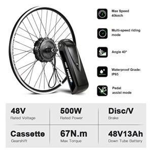 Yose Power Waterproof 26Inch 500W Ebike Conversion Kit with 48V 13Ah Battery for Cassette 26" Electric Bike Rear Wheel, Electric Bicycle Hub Motor Kit, LED Display, Installation Tool