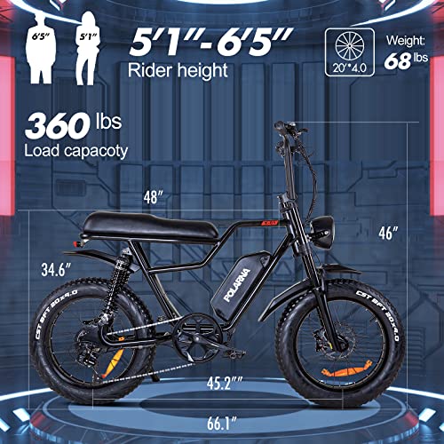 POLARNA Electric Bike for Adults 20" ebike Full Suspension 1000W Motor Samsung 48V 22.5Ah Removable Battery Fat Tire Electric Bike Mountain Beach Snow Bike 32MPH