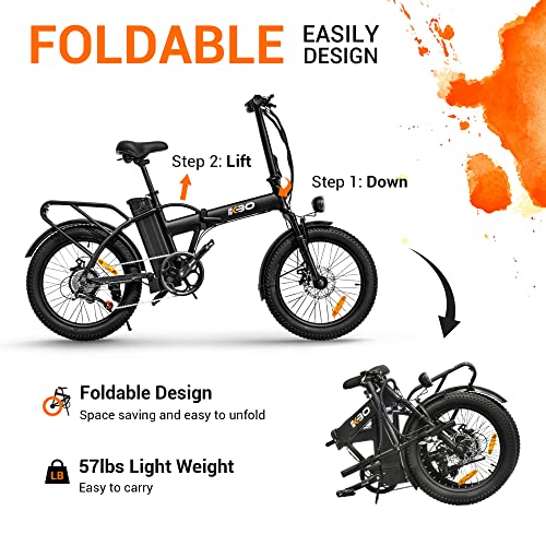 KBO Flip Folding Electric Bike, 60Mi Long Range 500W Foldable EBikes for Adults, 20X3 Fat Tire City Commuter Electric Bicycle, Shimano 7-Speed, 23Mph